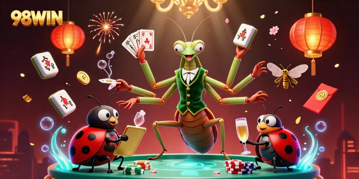 Engaging scene of a giant praying mantis card sharp entertaining gamblers at 98WIN casino with vibrant elements.