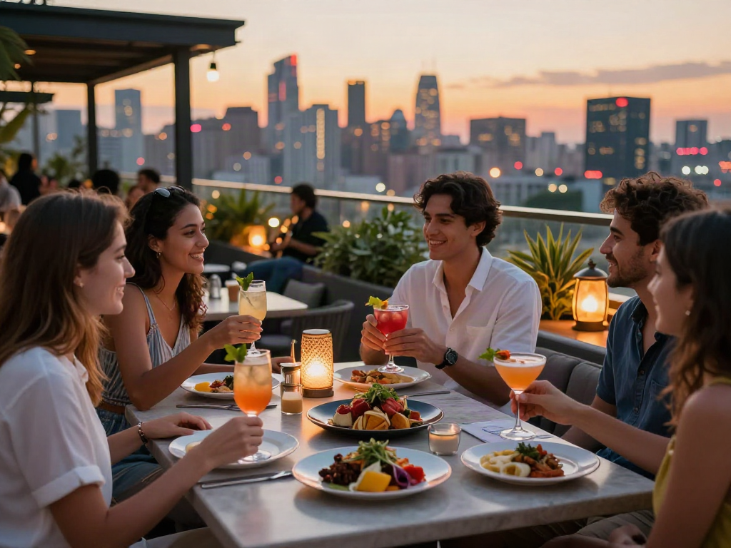 Friends enjoying cocktails and food at NoHu rooftop bar with city skyline views.