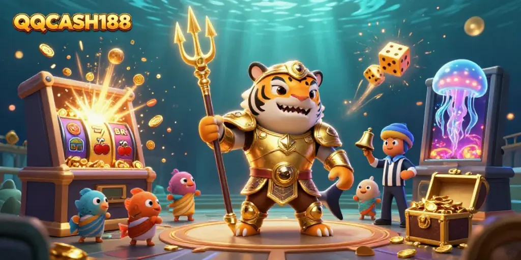 Experience the thrilling world of QQCASH188 with a dynamic slot machine jackpot explosion, featuring a shark gladiator.