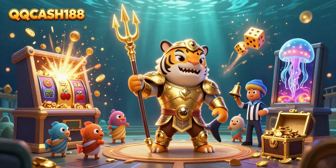 Experience the thrilling world of QQCASH188 with a dynamic slot machine jackpot explosion, featuring a shark gladiator.