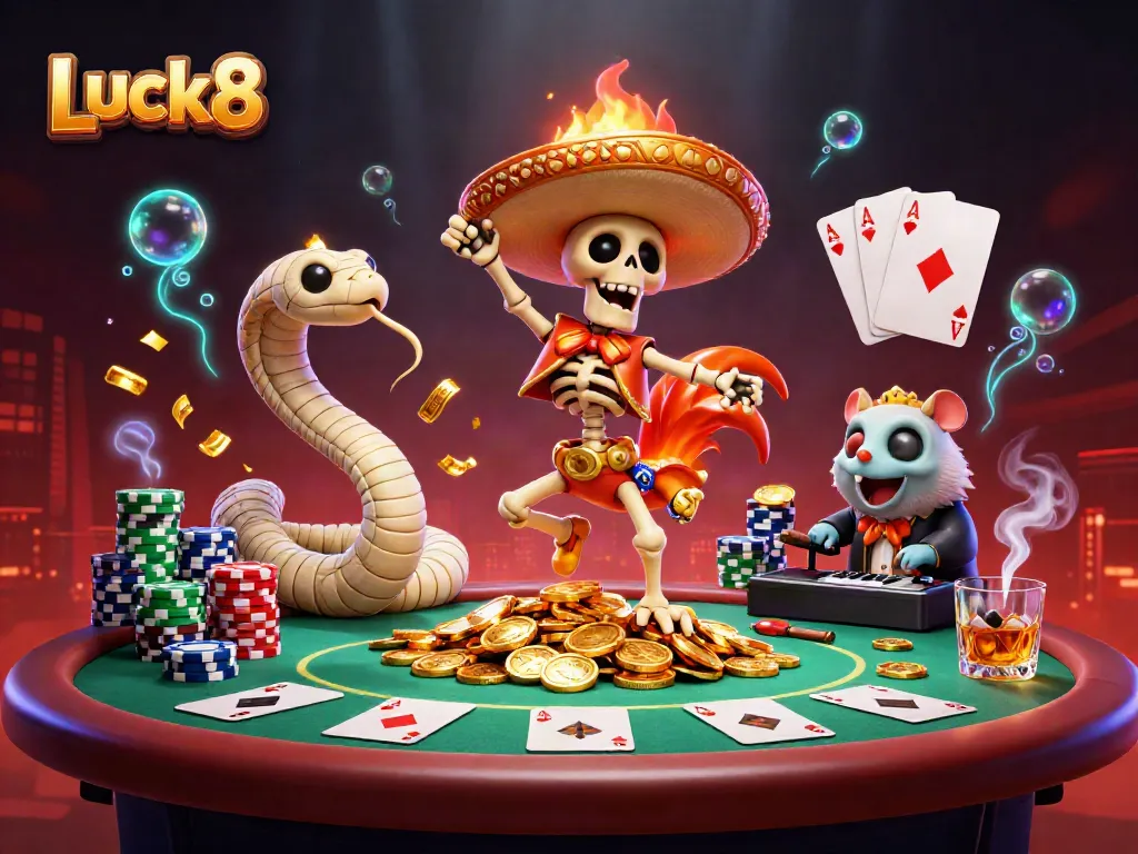 Luck8 showcases a vibrant scene with a skeleton mariachi rooster dancing amidst poker elements, exuding casino excitement.