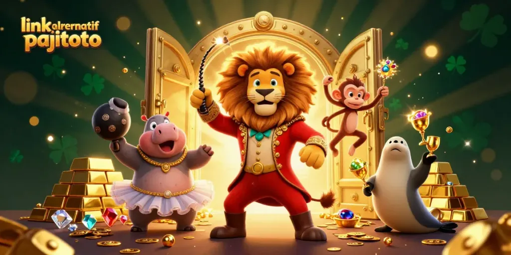 Engage with link alrernatif pajitoto in a vibrant 3D casino-themed scene filled with gold and excitement!