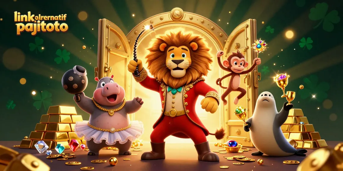 Engage with link alrernatif pajitoto in a vibrant 3D casino-themed scene filled with gold and excitement!