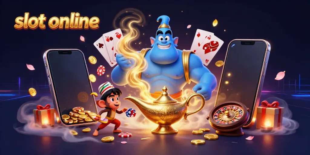 Permainan slot online dengan lampu genie, koin emas, dan kartu remi di latar belakang yang fantastis.