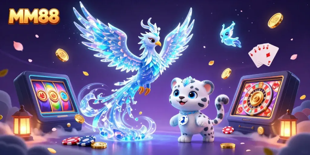 Experience the vibrant world of MM88 as a snow leopard plays with a poker chip amidst dynamic casino features.