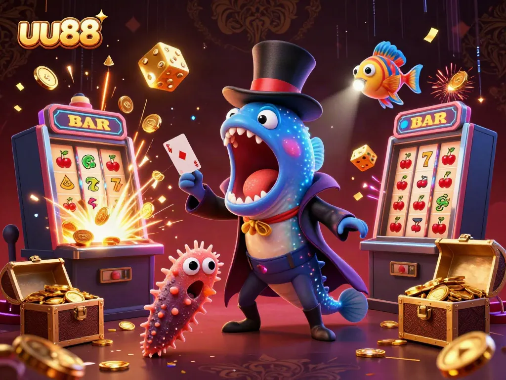 Experience thrilling magic at uu88 with a deep-sea eel performing casino card tricks amidst a jackpot explosion.