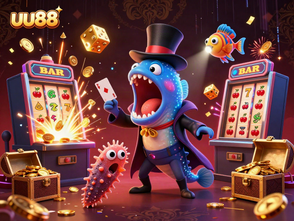 Experience thrilling magic at uu88 with a deep-sea eel performing casino card tricks amidst a jackpot explosion.