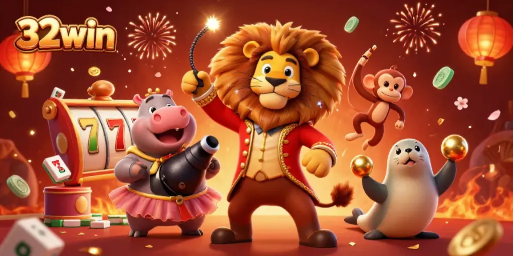 Experience the thrill with 32win as a circus cast entertains amidst slot reels and fireworks.