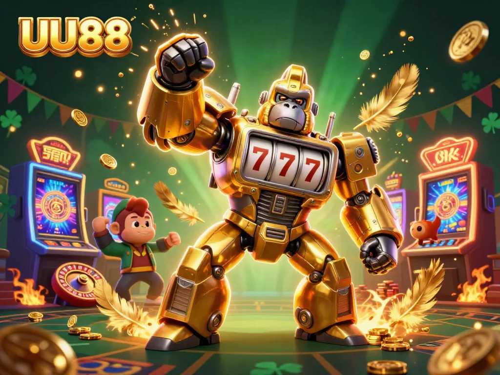 Engage with UU88's thrilling slots through a vibrant 3D scene showcasing a golden gorilla mech and gaming elements.