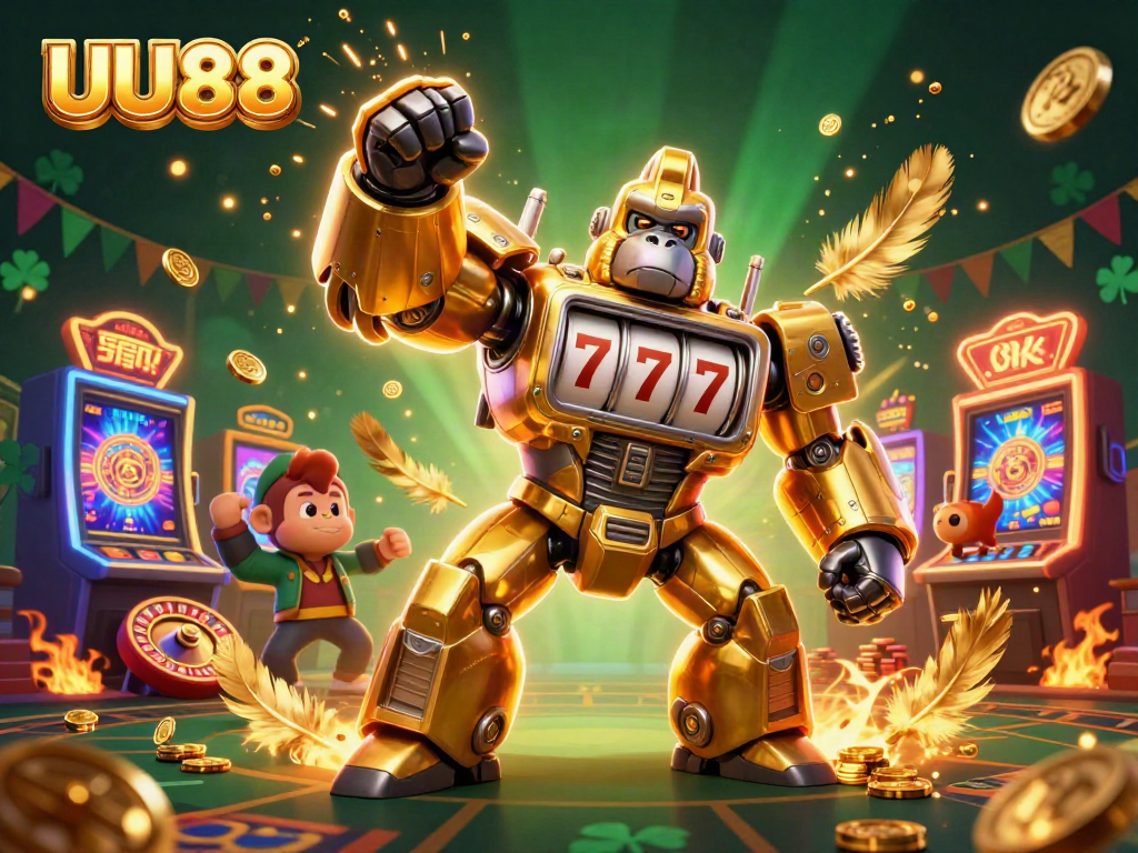 Engage with UU88's thrilling slots through a vibrant 3D scene showcasing a golden gorilla mech and gaming elements.