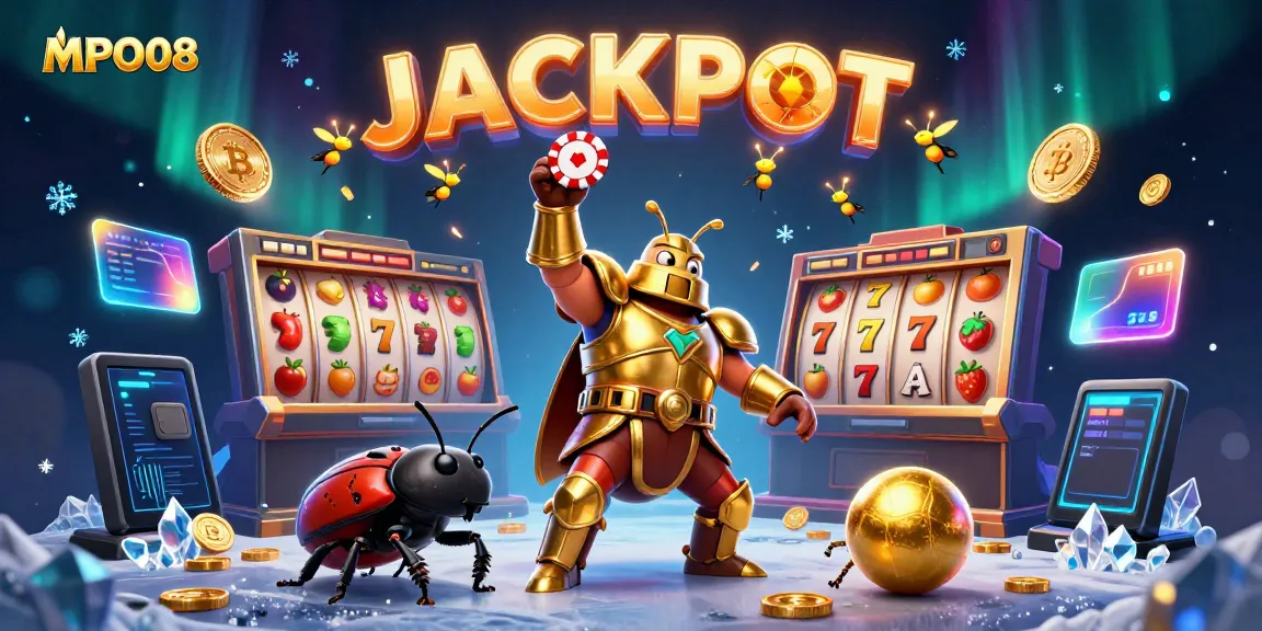 Celebrate with MPO08's victorious hercules beetle in a vibrant casino scene showcasing slots and crypto elements.
