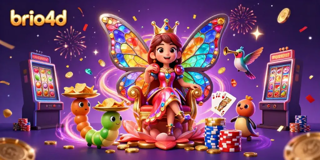 Experience the magic of gaming on brio4d with a vibrant illustration of a butterfly queen celebrating slot wins.