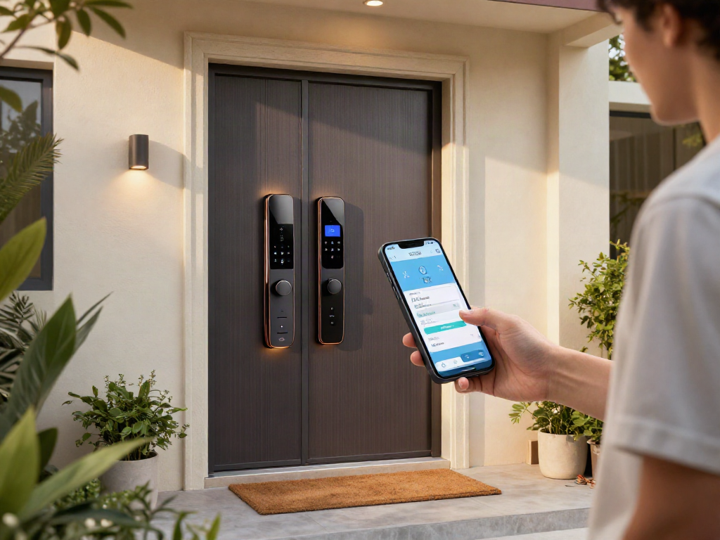 Enhanced access with a قفل هوشمند at a modern home entrance, showcasing remote access features and innovative design.