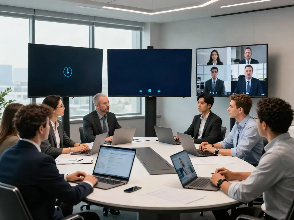 Deepfake protected Conferencing setup in a modern professional conference room with secure technology.