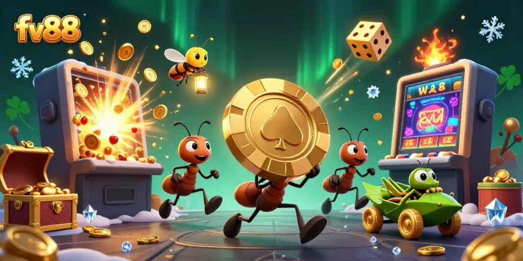 Experience thrilling gaming action with FV88 as ants heist a giant poker chip amidst colorful casino elements.