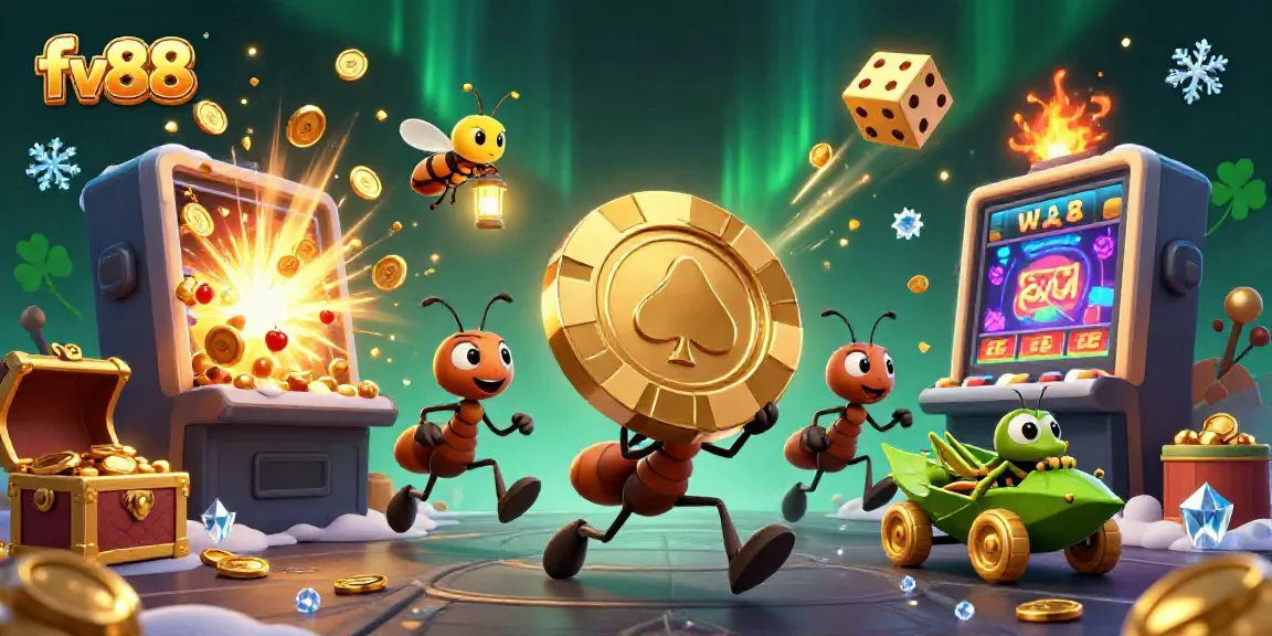 Experience thrilling gaming action with FV88 as ants heist a giant poker chip amidst colorful casino elements.