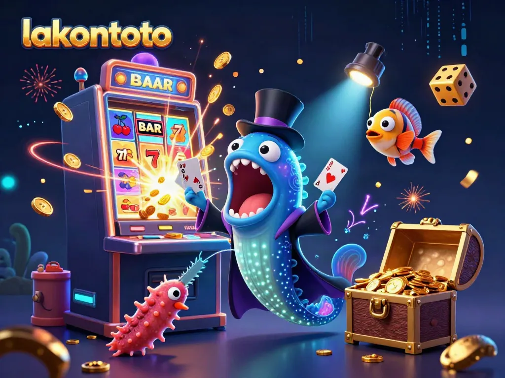 Lakontoto menghadirkan ilustrasi 3D penuh warna dengan ikan gulper dan mesin slot, memikat pemain judi.
