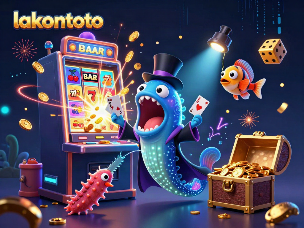 Lakontoto menghadirkan ilustrasi 3D penuh warna dengan ikan gulper dan mesin slot, memikat pemain judi.