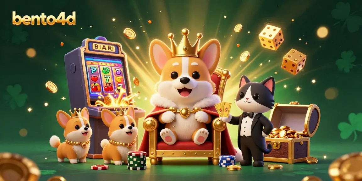 Engage in thrilling gameplay at bento4d with a royal corgi on a poker chip throne, adorned by glimmering elements.