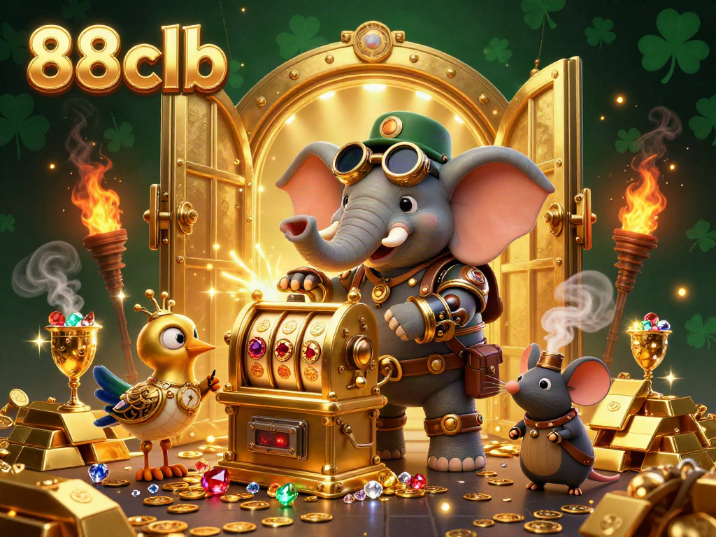 Experience thrilling action as the steampunk elephant engineer spins the golden slot machine at 88clb's casino.