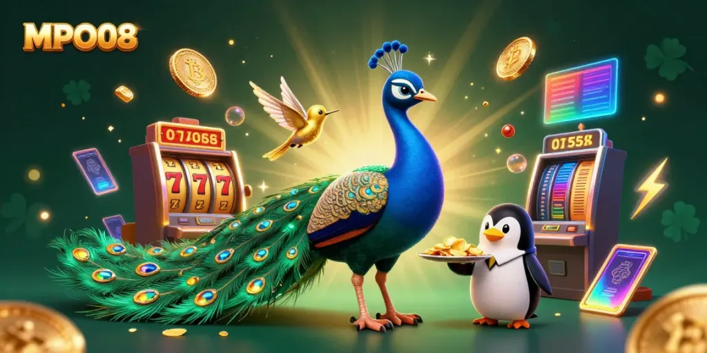 Engage with MPO08 casino flair featuring rich characters and slot elements amidst dazzling showcases.