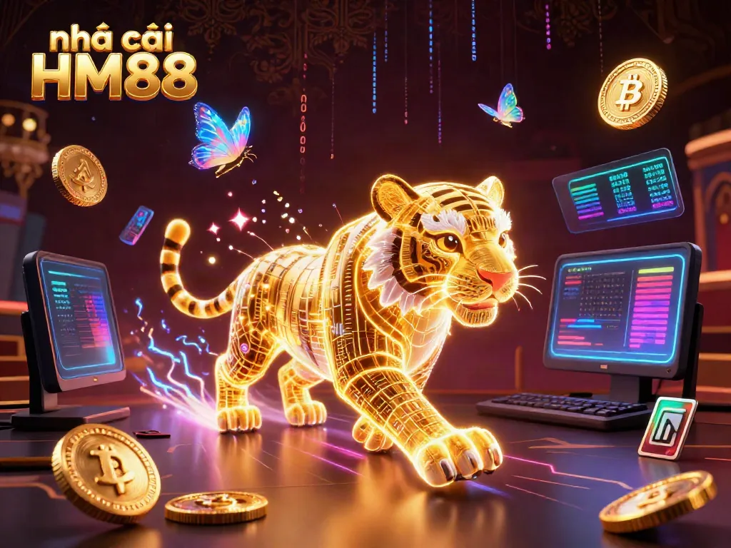 Engage with the vibrant universe of nhà cái HM88, showcasing a neon tiger and crypto elements radiating energy.