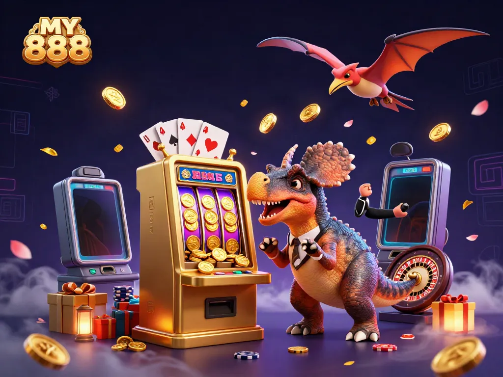 MY 888 illustration featuring a cartoon dinosaur celebrating slot machine jackpot with flying coins.