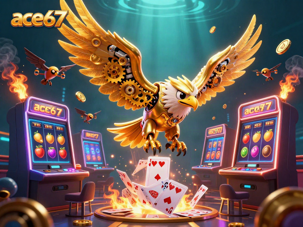 Experience the thrills of ace67 with a dynamic gaming scene showcasing slots and neon elements.
