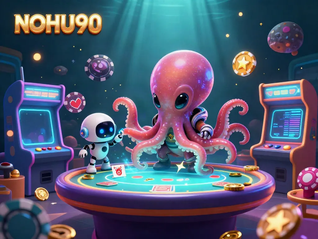 Engage with NOHU90's vibrant casino scene featuring an alien octopus at a poker table, surrounded by dynamic game elements.