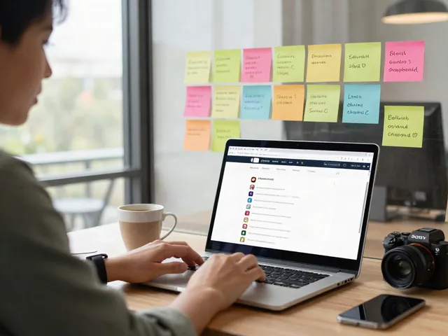 Organizing popular sites in a dynamic workspace featuring a laptop, coffee, and sticky notes, focused on 사이트모음.