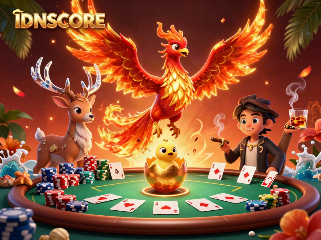 Engage with IDNSCORE's vibrant casino atmosphere showcasing a phoenix and poker elements.