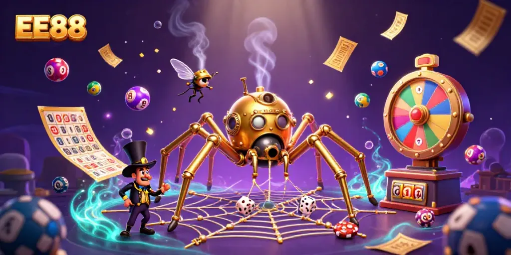 Engage in thrilling casino fun with EE88's steampunk spider and lottery excitement.
