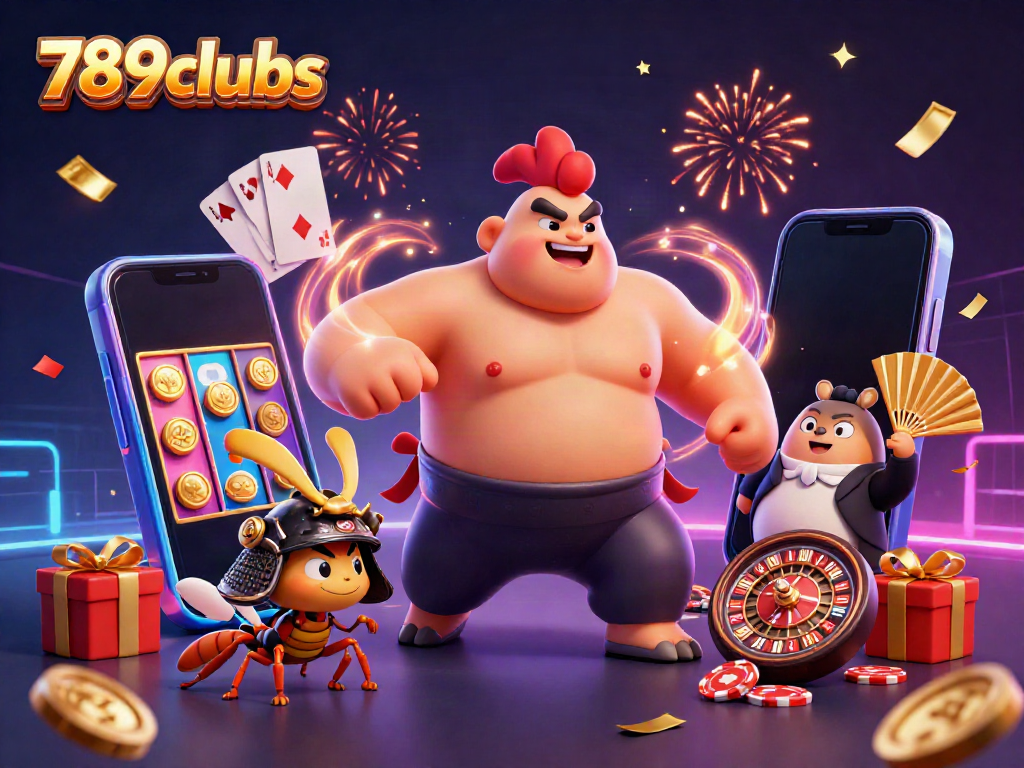 Exciting 789clubs casino scene showcasing a sumo wrestler rooster, cricket fighter, and tanuki announcer surrounded by vibrant slot game elements.