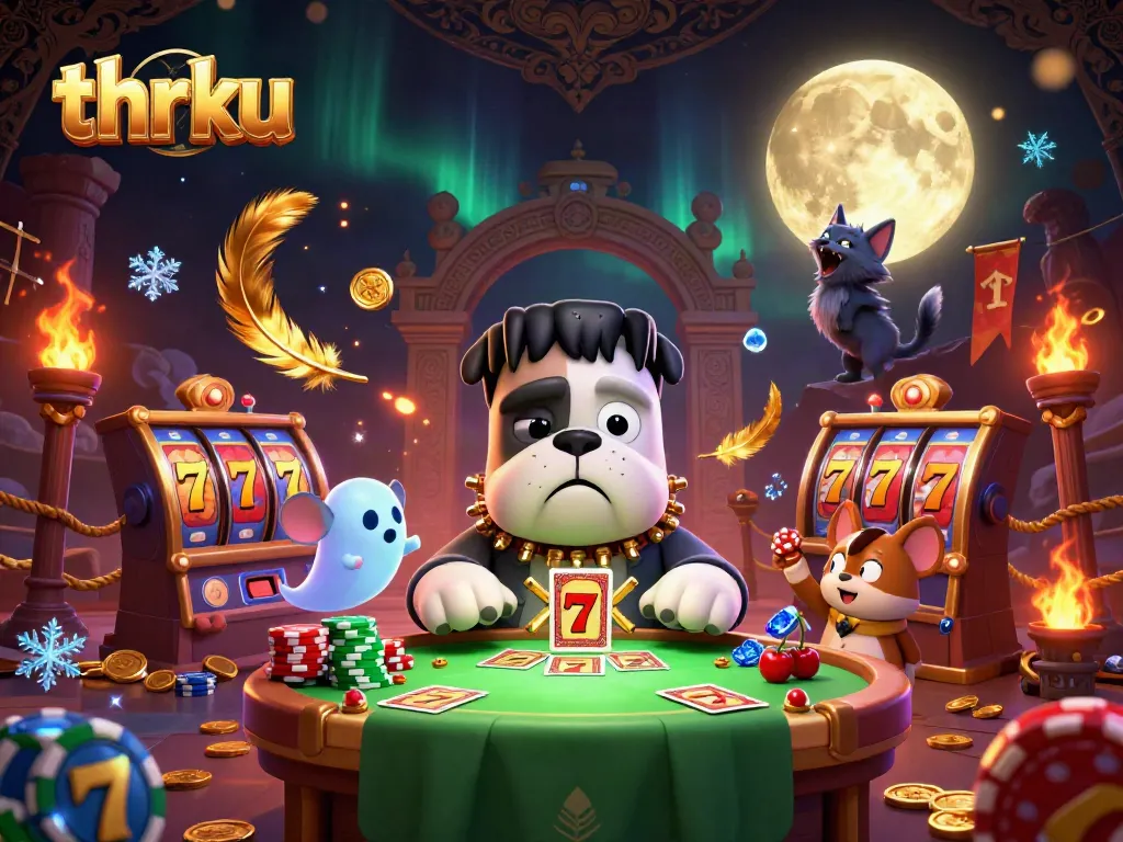 thr ku interactive casino scene featuring a Frankenbulldog, ghost mouse, and werewolf kitten