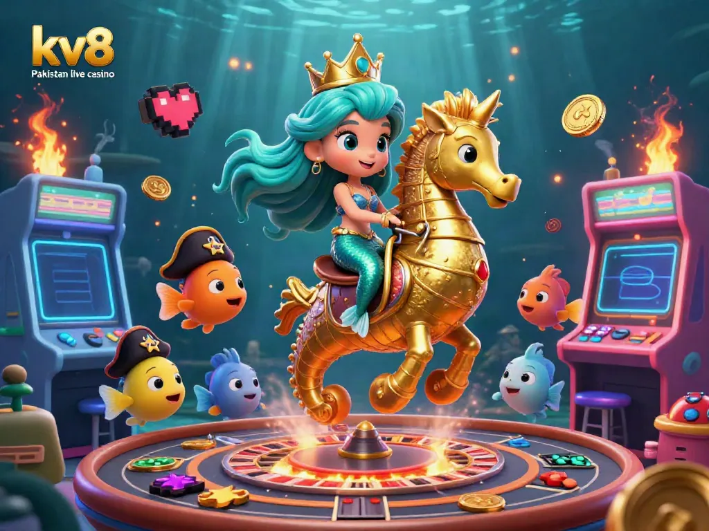 Experience the thrill of kv8 Pakistan live casino with a vibrant underwater scene featuring a mermaid, seahorse, and arcade elements.