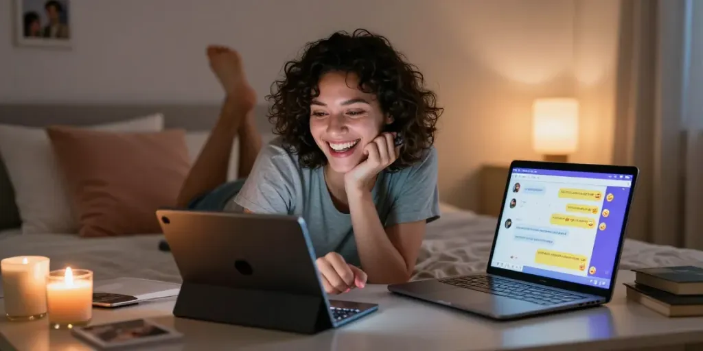 Engaging in AI sexting with a playful chat on a tablet in a cozy bedroom setting.