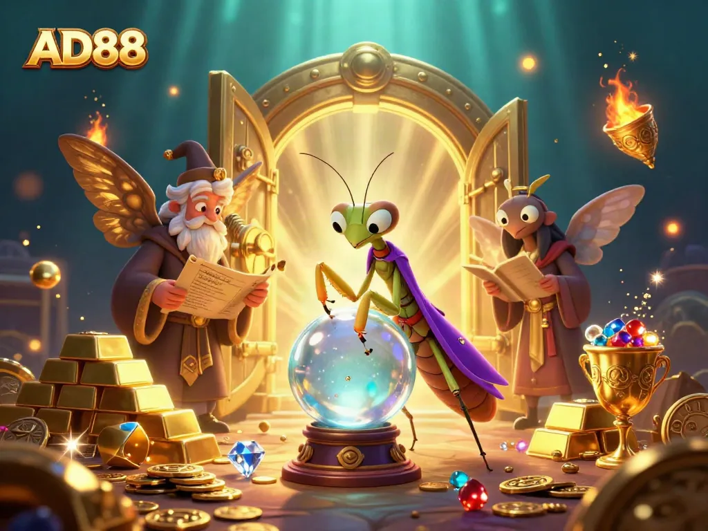 Engage in winning strategies with AD88: a vibrant 3D casino scene featuring mystical characters and treasure.