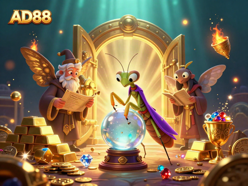 Engage in winning strategies with AD88: a vibrant 3D casino scene featuring mystical characters and treasure.