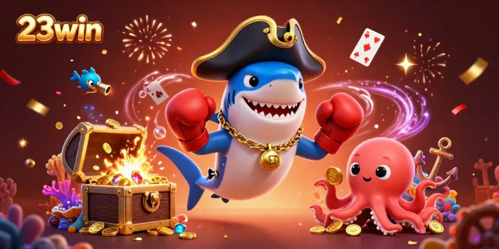 Experience the excitement of 23win with a vibrant 3D illustration of casino-themed sea creatures.