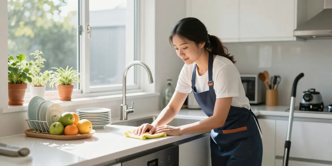Home cleaning Melbourne scene with a professional cleaner in a bright kitchen.