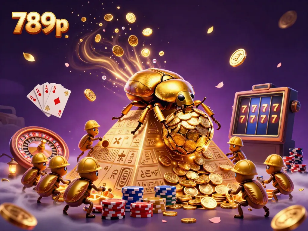 Experience the thrill of 789p as a golden dung beetle rolls coins, surrounded by casino magic.