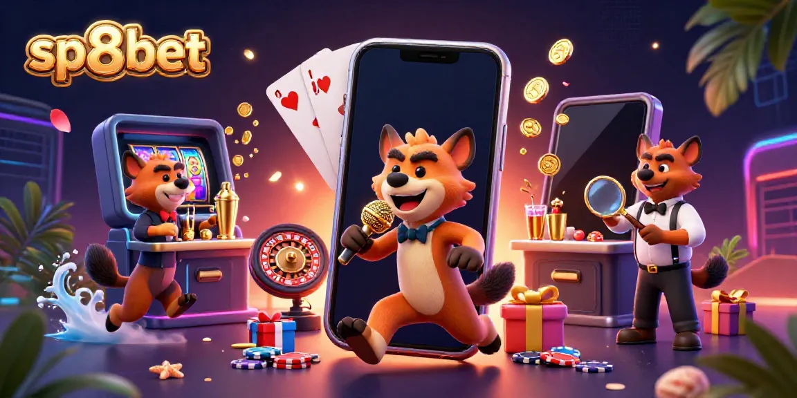 Engage in fun at SP8BET Casino with hyena characters representing comedy and drinks amidst vibrant games.