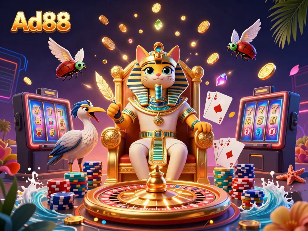 Engage in thrilling gaming adventures with Ad88 in a vibrant, visually stunning casino scene.