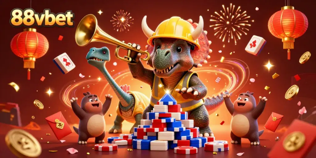 Experience the excitement of 88vbet with a vibrant 3D casino celebration scene, showcasing dynamic characters and festive elements.