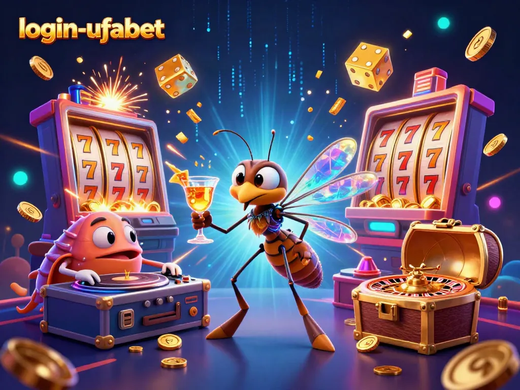Experience the winning ambiance at login-ufabet with vibrant casino elements and characters celebrating a jackpot.