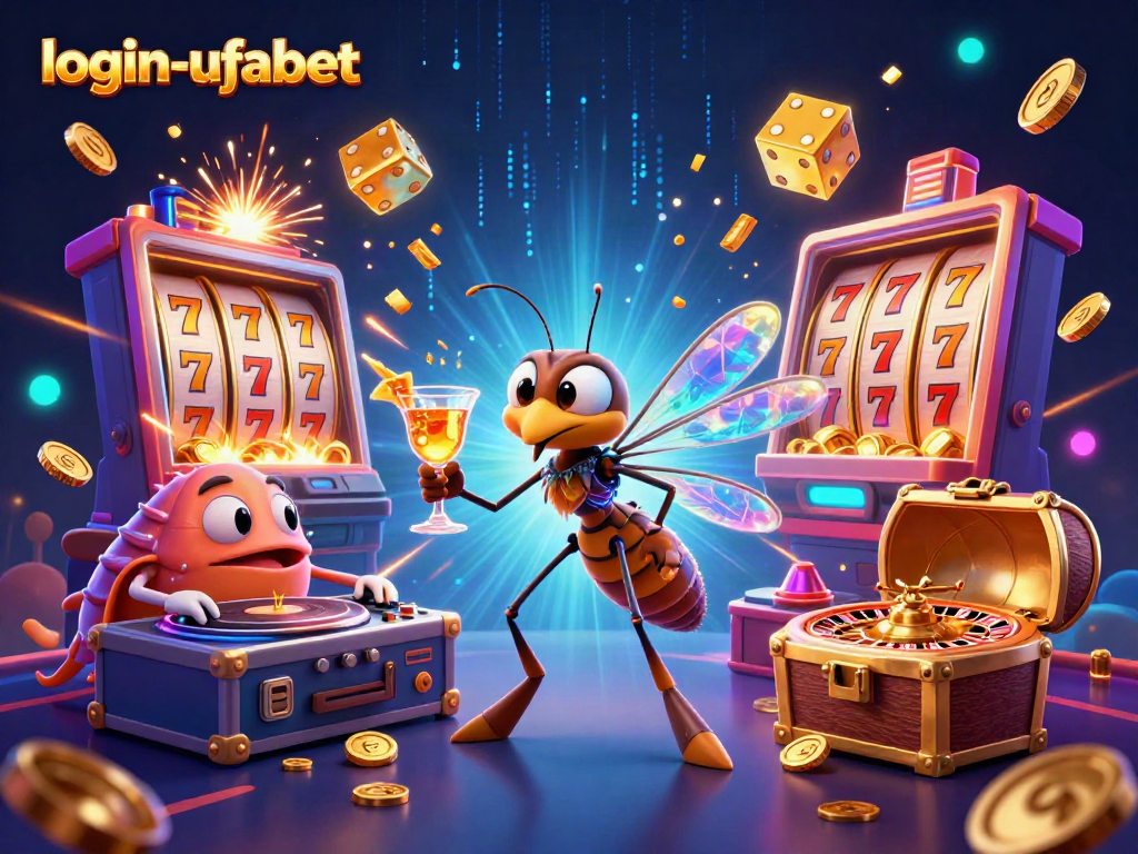 Experience the winning ambiance at login-ufabet with vibrant casino elements and characters celebrating a jackpot.