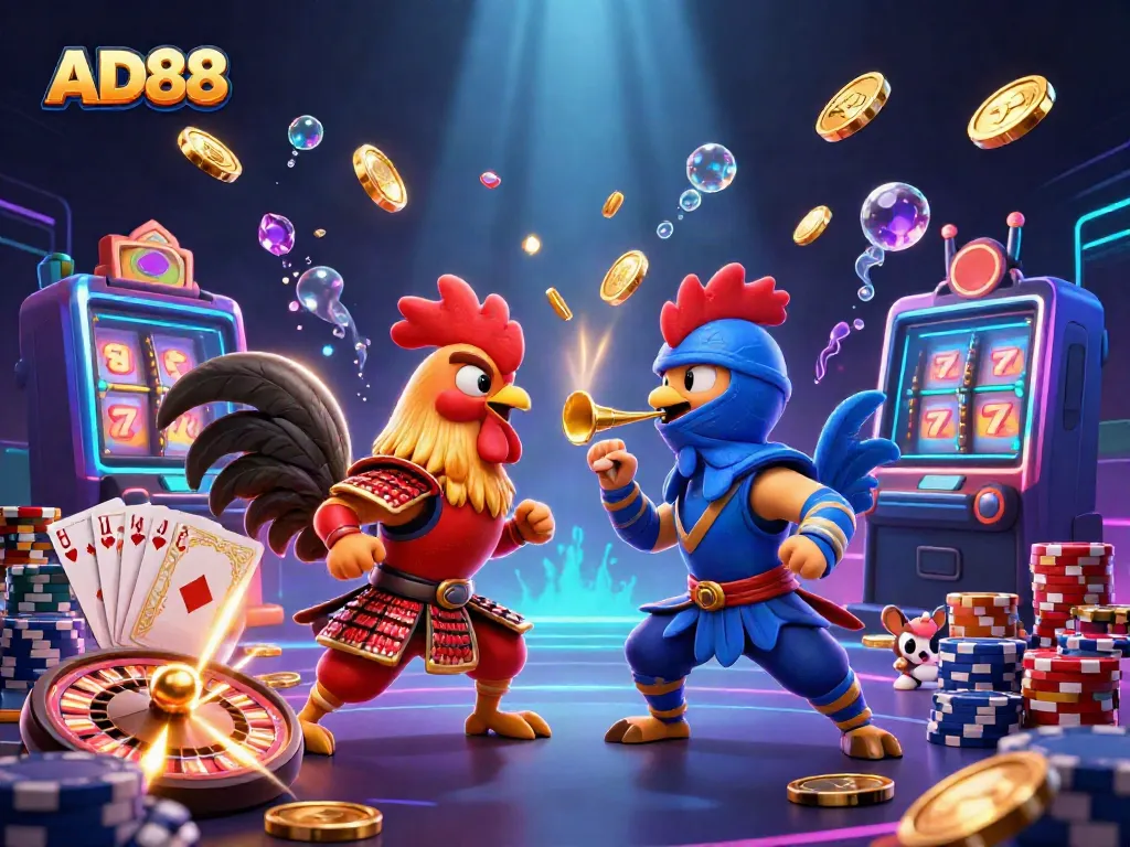 Engage with AD88's immersive gaming experience featuring roosters in a dramatic standoff, coins, and casino elements.