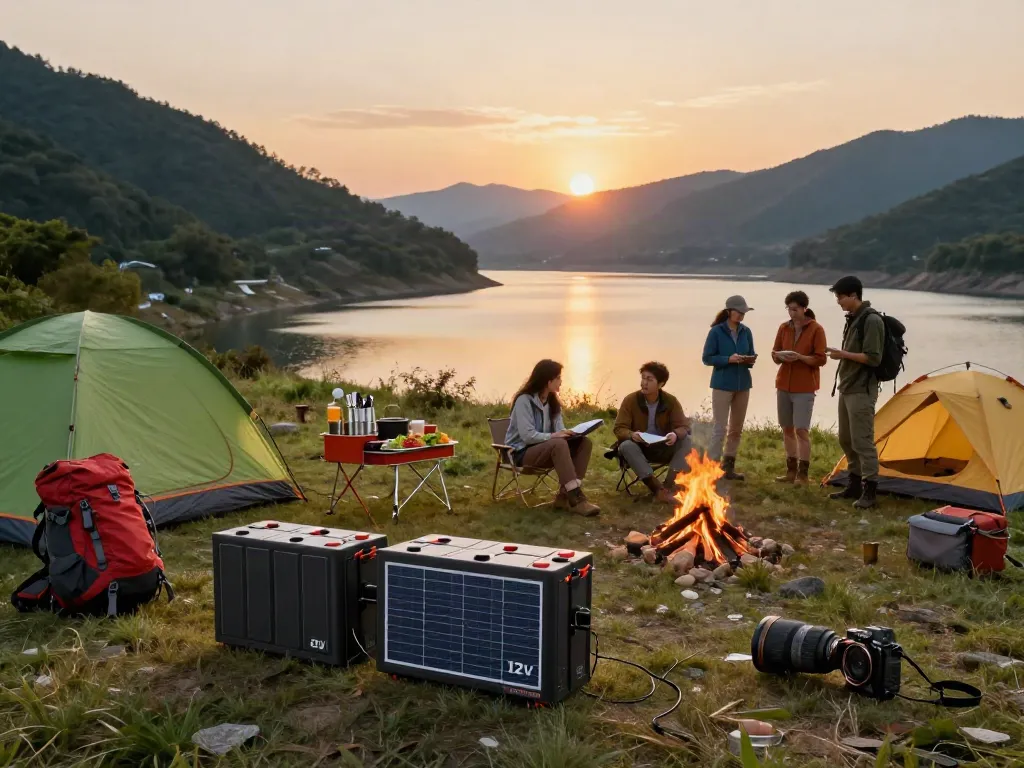 Adventure enthusiasts utilizing 12v lithium battery solutions during an outdoor camping setup.