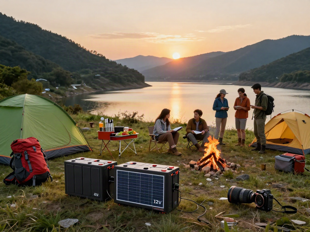 Adventure enthusiasts utilizing 12v lithium battery solutions during an outdoor camping setup.
