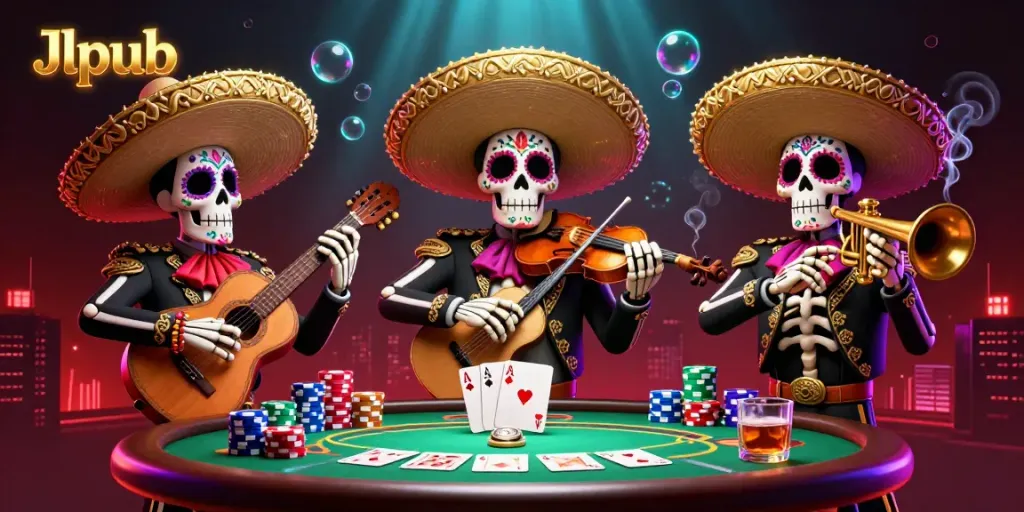 Experience vibrant gameplay at Jlpub with a Day of the Dead-themed casino illustration featuring poker elements.